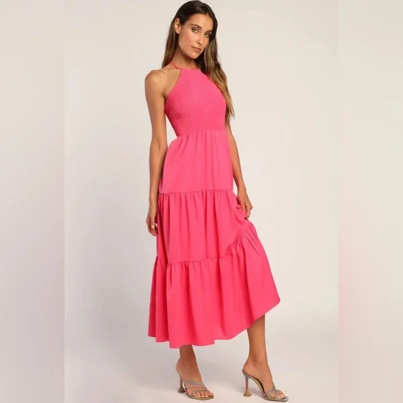 Lulus | Dresses | Pier And Now Hot Pink Smocked Tieback Midi Dress Lulus |  Poshmark